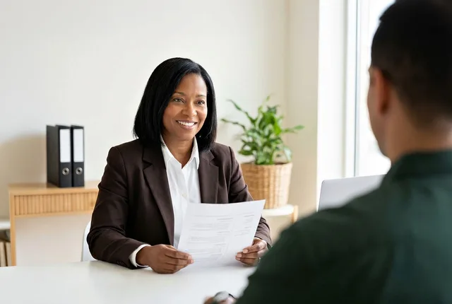 woman, professional, interview, affairs, office, smiling, candidate, document, meeting, desk, diverse, employee, track, hr, manager, business, recruitment, applicant, african american, happy, recruit, employer, ai generated. Employer branding careers site best practices: accessibility & consent