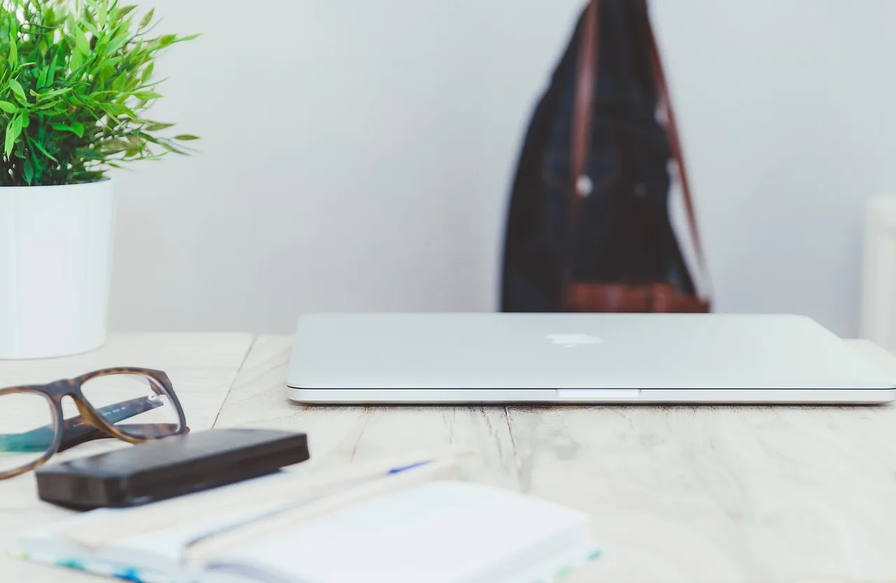 business, office, desk, creative, macbook, laptop, computer, technology, eyeglasses, notepad, nature, notebook, wood, plant