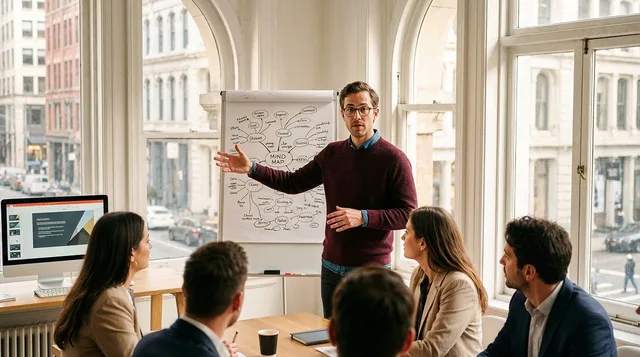 presentation, workshop, strategy, leadership, business, meeting, flipchart, planning, professional, office, brainstorming, teamwork, communication, diagram, explanation, startup, corporate, training, collaboration, career, ai generated. Employer branding planning framework for England in 2027
